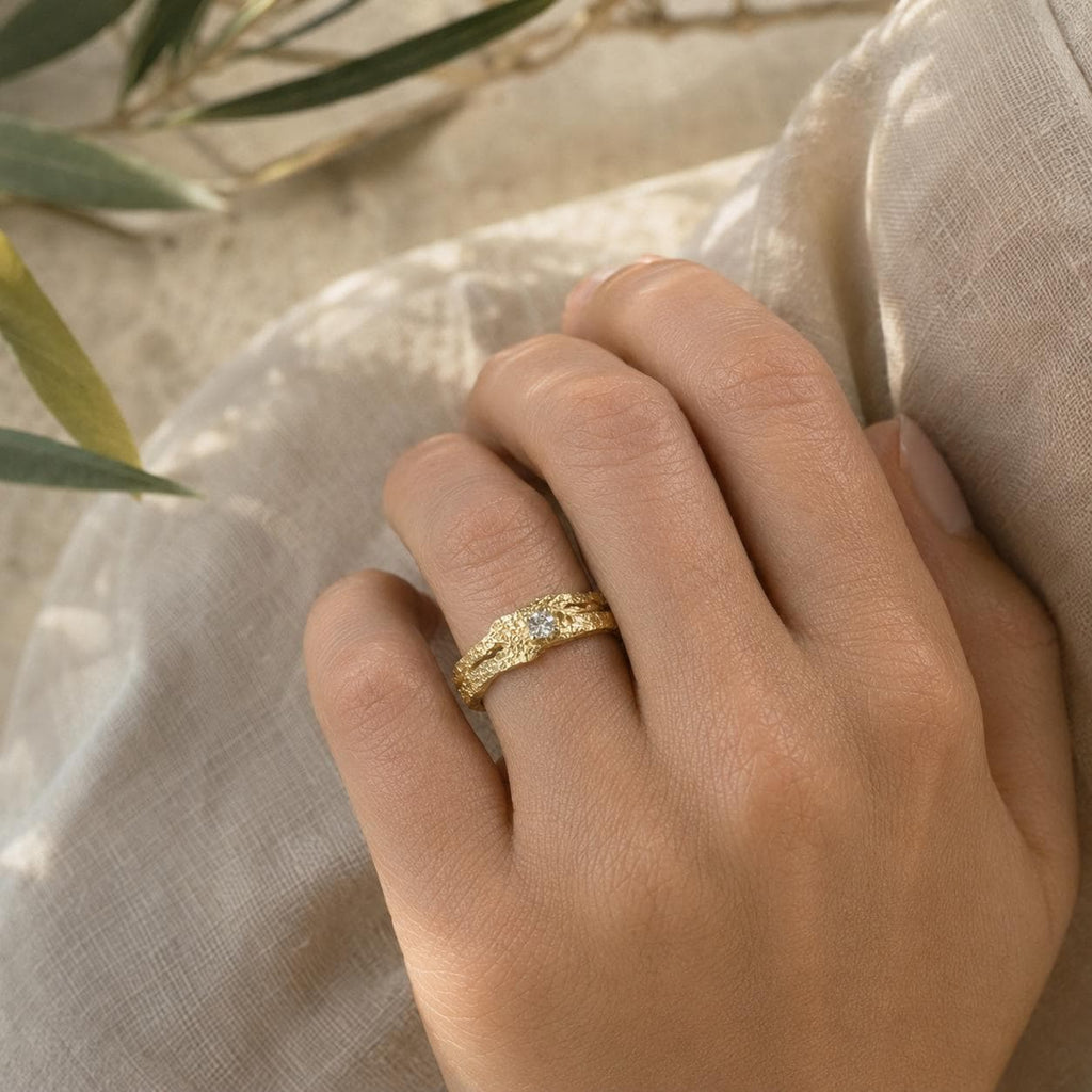 Gold Tree Bark Ring, Handmade Minimalist Jewelry, Dainty Organic Tree Band, Nature's Gift for Resilience, Sterling Silver 925