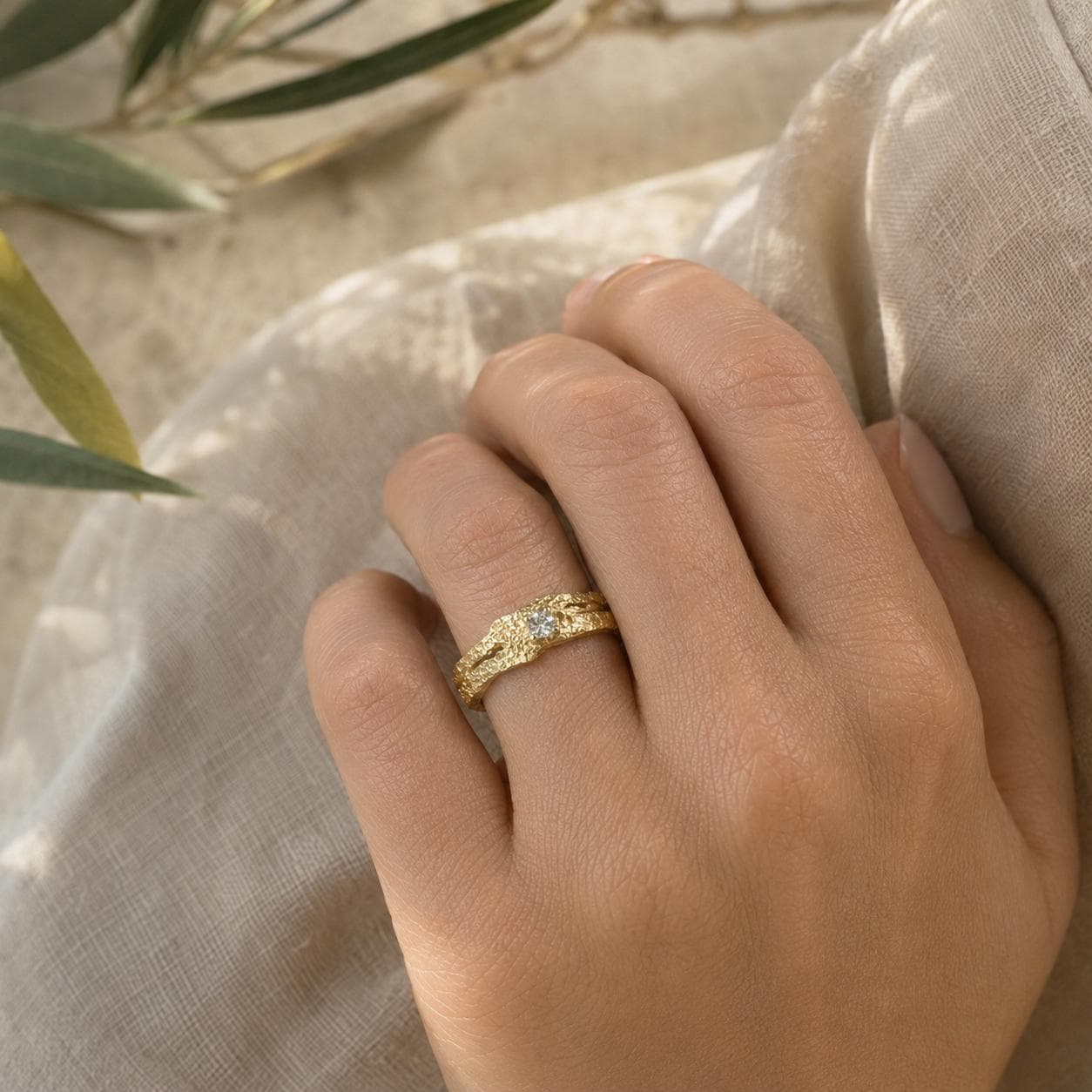 Gold Tree Bark Ring, Handmade Minimalist Jewelry, Dainty Organic Tree Band, Nature's Gift for Resilience, Sterling Silver 925