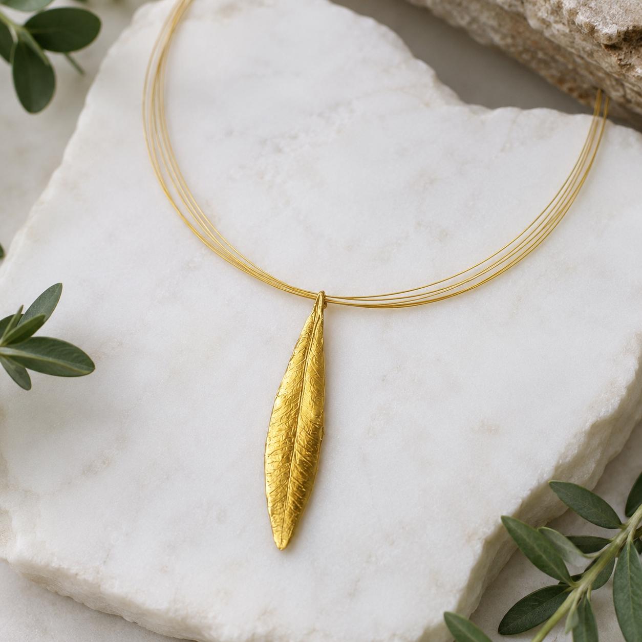 Gold Olive Leaf Pendant, Handmade Nature Jewelry, Organic Tree Necklace, Gift for Luck & Longevity, Eco Sustainable Sterling Silver 925