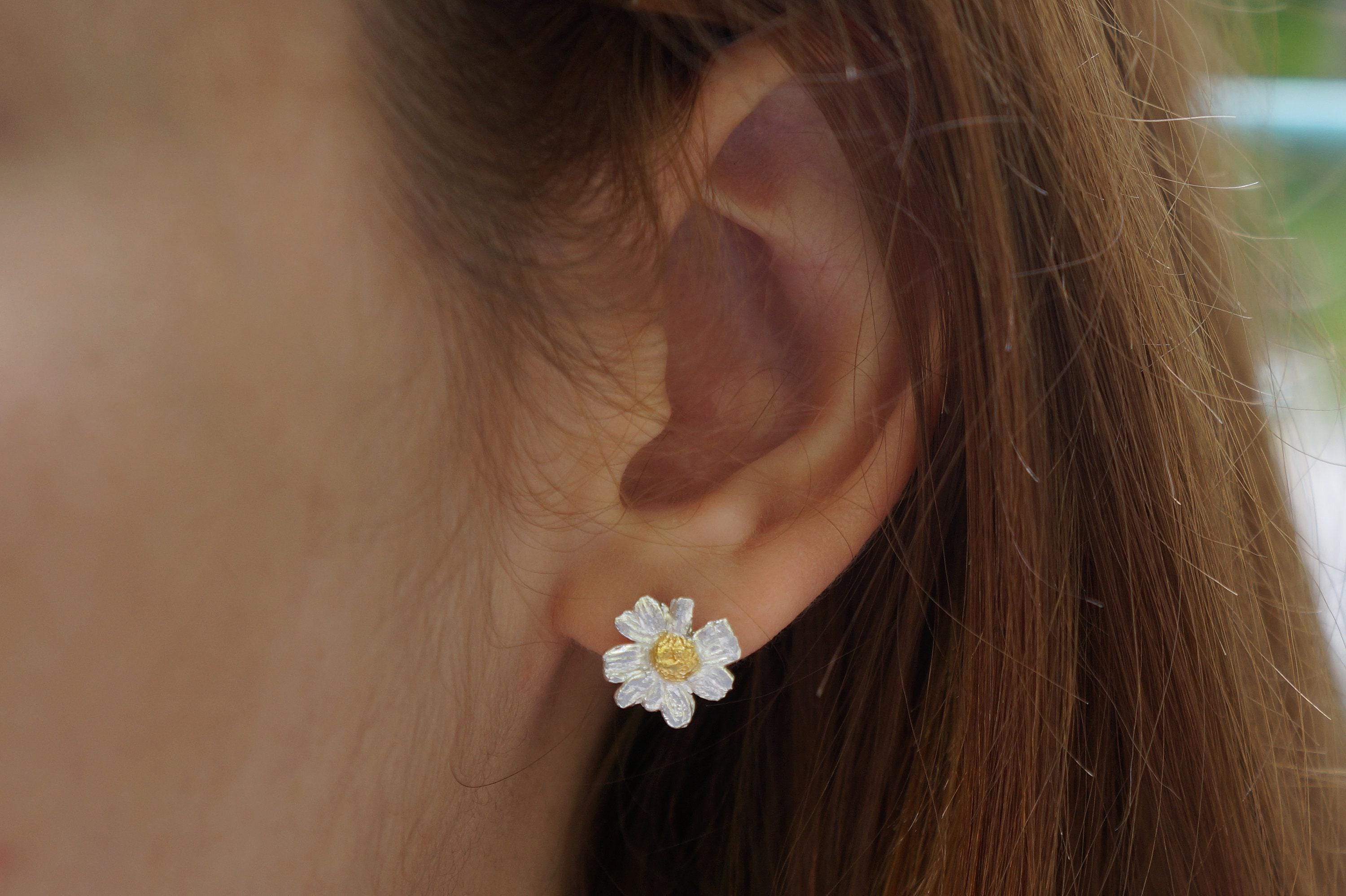 Stud Chamomile Earrings for women, 925 Sterling Silver Jewelry, Real Dainty flower - Symbolizes healing, patience, and attracting wealth