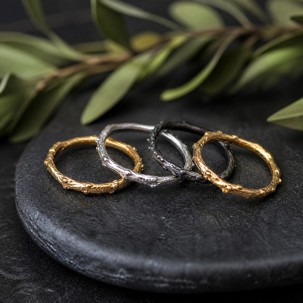 Olive Branch Ring, Handmade Minimalist Jewelry, Boho Gold Band, Stacking Ring Gift for Prosperity & Health, Sterling Silver 925