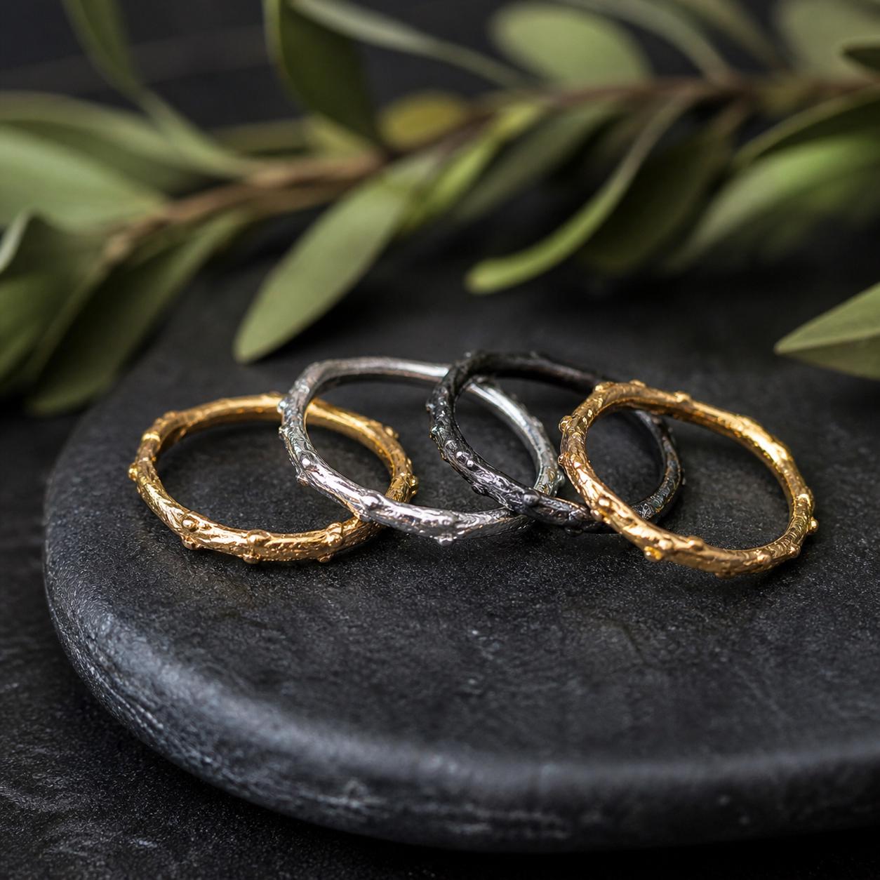 Olive Branch Ring, Handmade Minimalist Jewelry, Boho Gold Band, Stacking Ring Gift for Prosperity & Health, Sterling Silver 925
