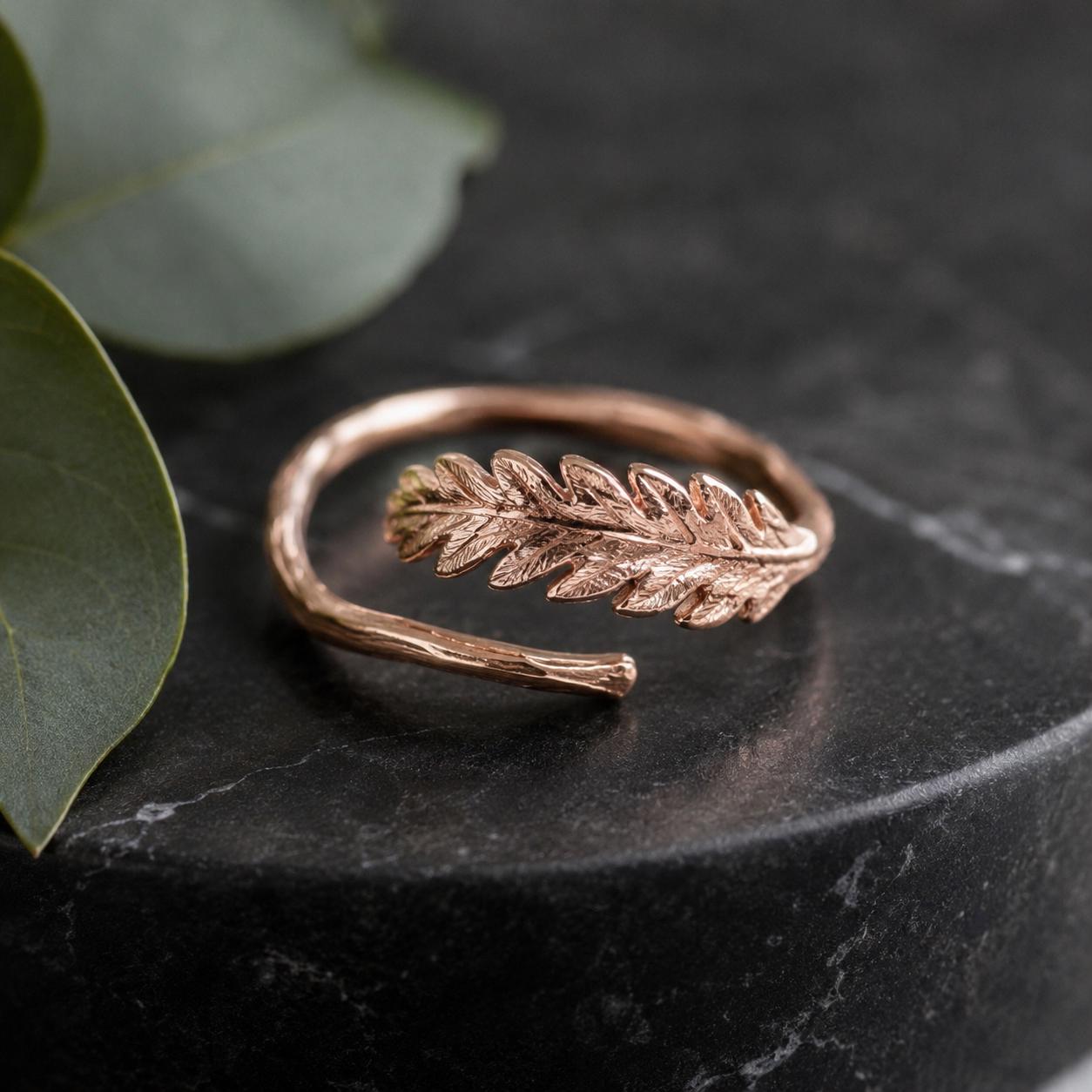 Real Fern Gold Ring, Handmade Minimalist Jewelry, Organic Forest Band, Nature's Gift for Health & Protection, Sterling Silver 925