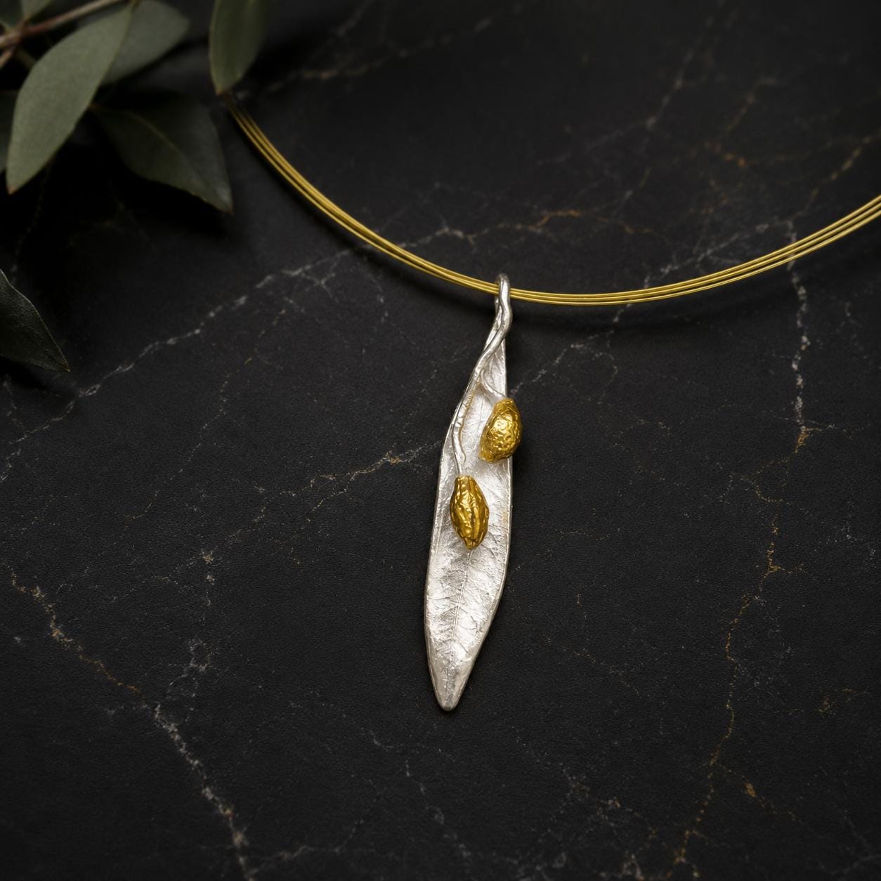 Real Olive Leaf Necklace, Handmade Minimalist Jewelry, Organic Tree Pendant Band, Gift for Health & Success, Gold and Sterling Silver 925
