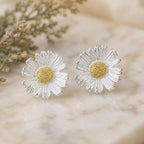 Unique earrings for women.Daisy Flowers (Stud or Dangle) in Sterling Silver 925. Symbol of of patience, healing, and natural elegance.