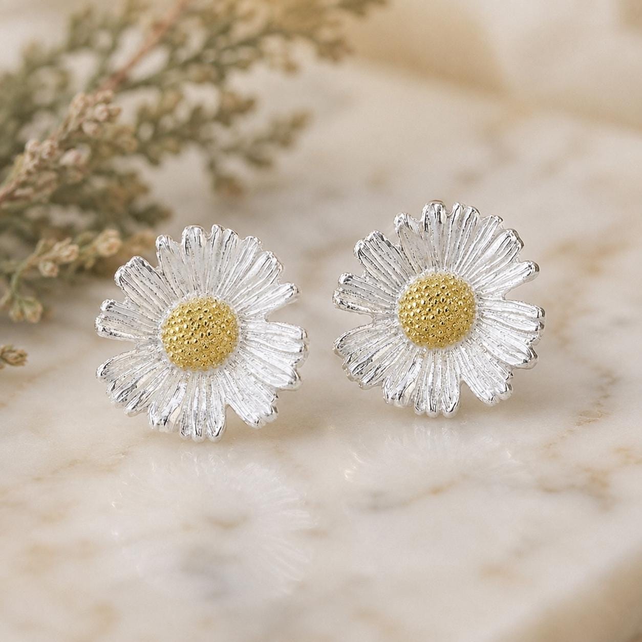 Unique earrings for women.Daisy Flowers (Stud or Dangle) in Sterling Silver 925. Symbol of of patience, healing, and natural elegance.