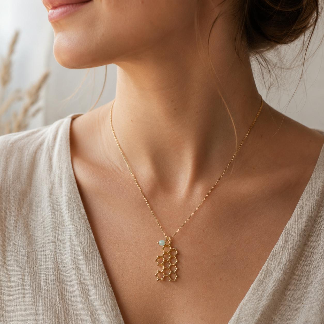 Real Honeycomb Gold Necklace, Handmade Nature Jewelry, Organic Bee Pendant, Gift for Health & Prosperity, Gold or Sterling Silver 925