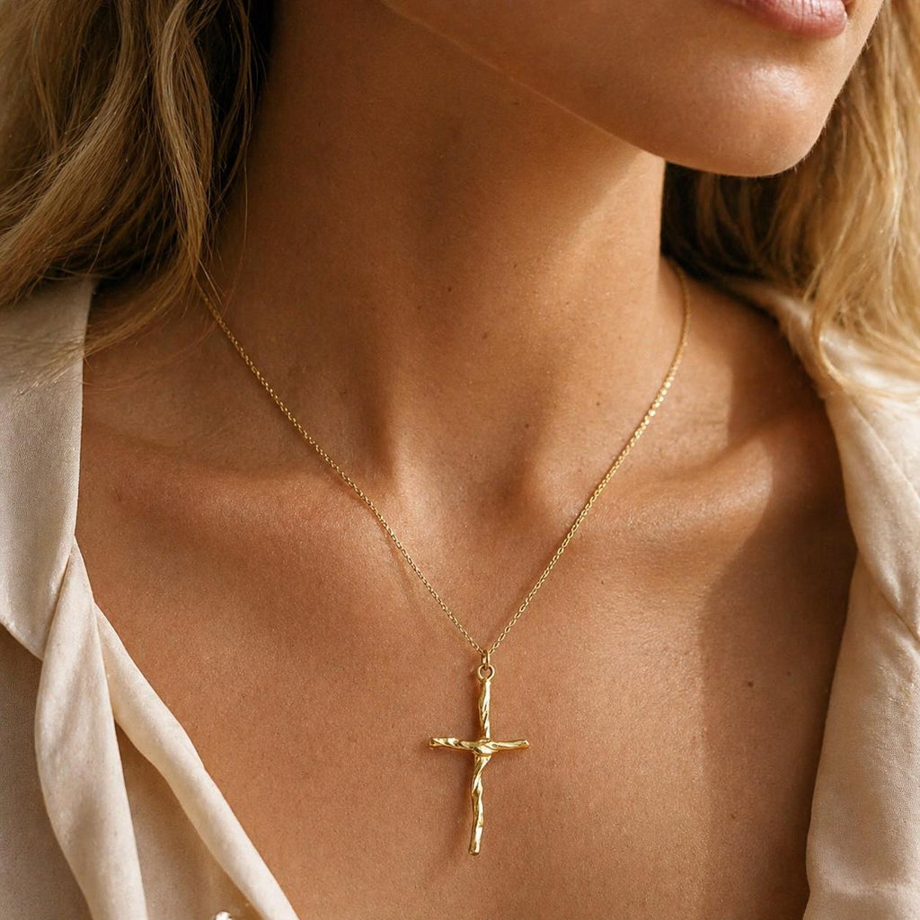 Gold Cross Necklace, Handmade Nature Jewelry, Organic Branch Pendant, Gift for Faith & Protection, Sterling Silver 925 Twig