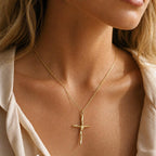 Gold Cross Necklace, Handmade Nature Jewelry, Organic Branch Pendant, Gift for Faith & Protection, Sterling Silver 925 Twig