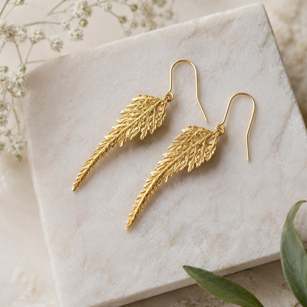 Real Fern Leaf Gold Earrings, Handmade Nature Jewelry, Organic Forest Dangles, Gift for Health & Resilience, Gold or Sterling Silver 925