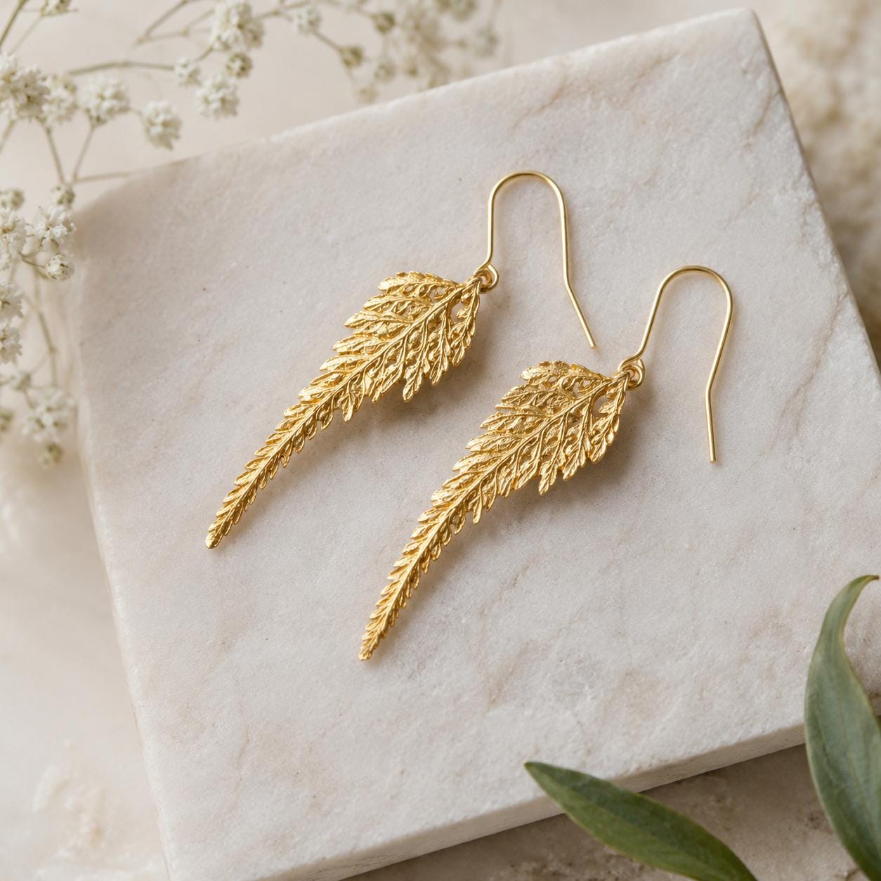 Real Fern Leaf Gold Earrings, Handmade Nature Jewelry, Organic Forest Dangles, Gift for Health & Resilience, Gold or Sterling Silver 925