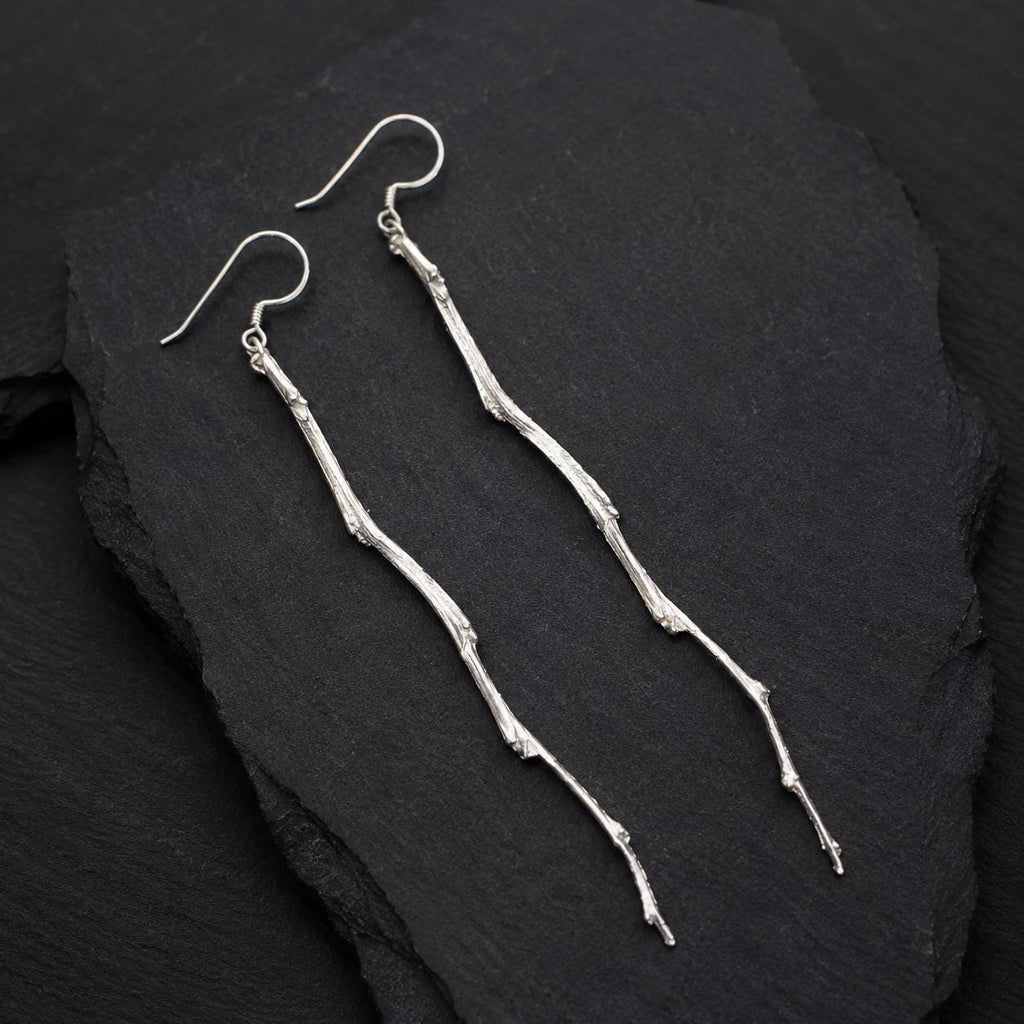 Real Pomegranate Tree Branch Earrings, Gold Plated Sterling Silver 925 Long Dangle Twig Earrings, Handmade Jewelry Gift, Birthday Gift