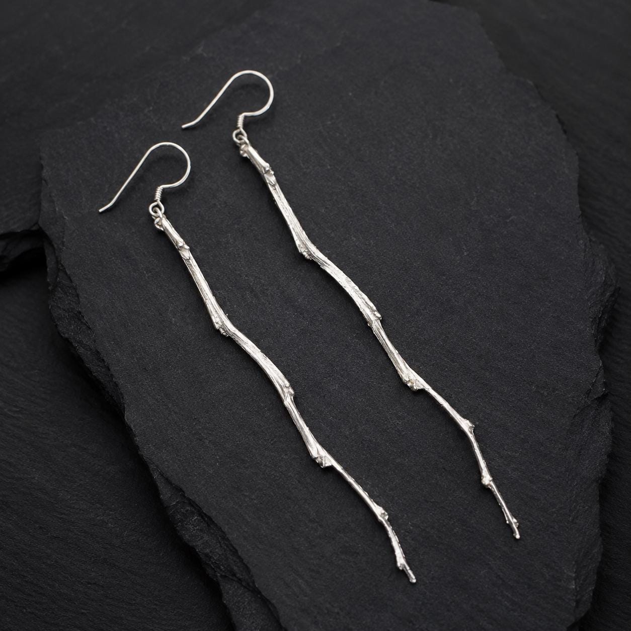 Real Pomegranate Tree Branch Earrings, Gold Plated Sterling Silver 925 Long Dangle Twig Earrings, Handmade Jewelry Gift, Birthday Gift