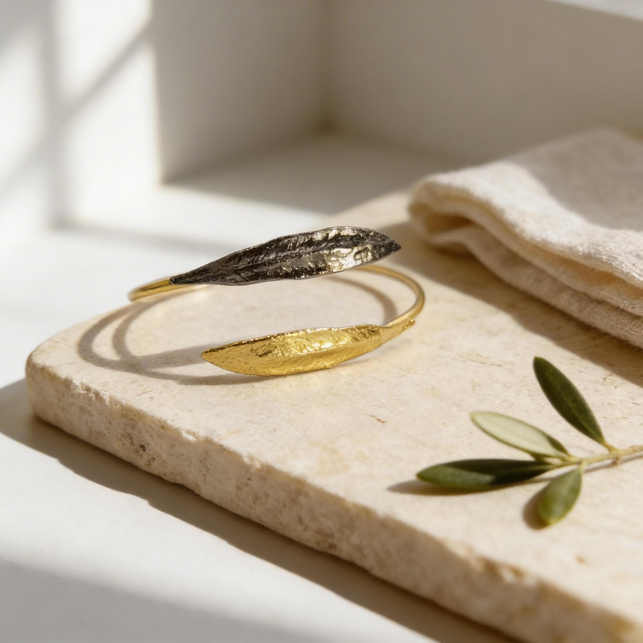 Minimalist Olive Leaves Cuff, Handmade Nature Jewelry, Symbolic Gold Bracelet, Gift for Longevity and Luck, Sterling Silver 925.