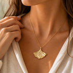 Gold Ginkgo Biloba Leaf Necklace, Handmade Nature Jewelry, Organic Forest Pendant, Gift for Success & Health, Eco Sustainable Brass