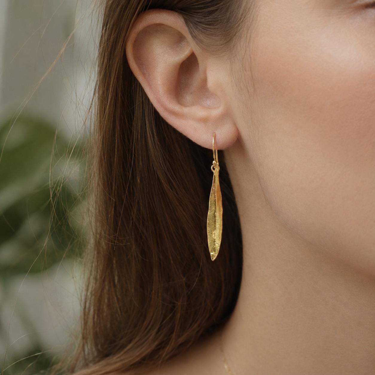 Real Olive Leaf Gold Earrings, Handmade Nature Jewelry, Organic Tree Drops, Gift for Victory & Health, Eco Sustainable Sterling Silver 925