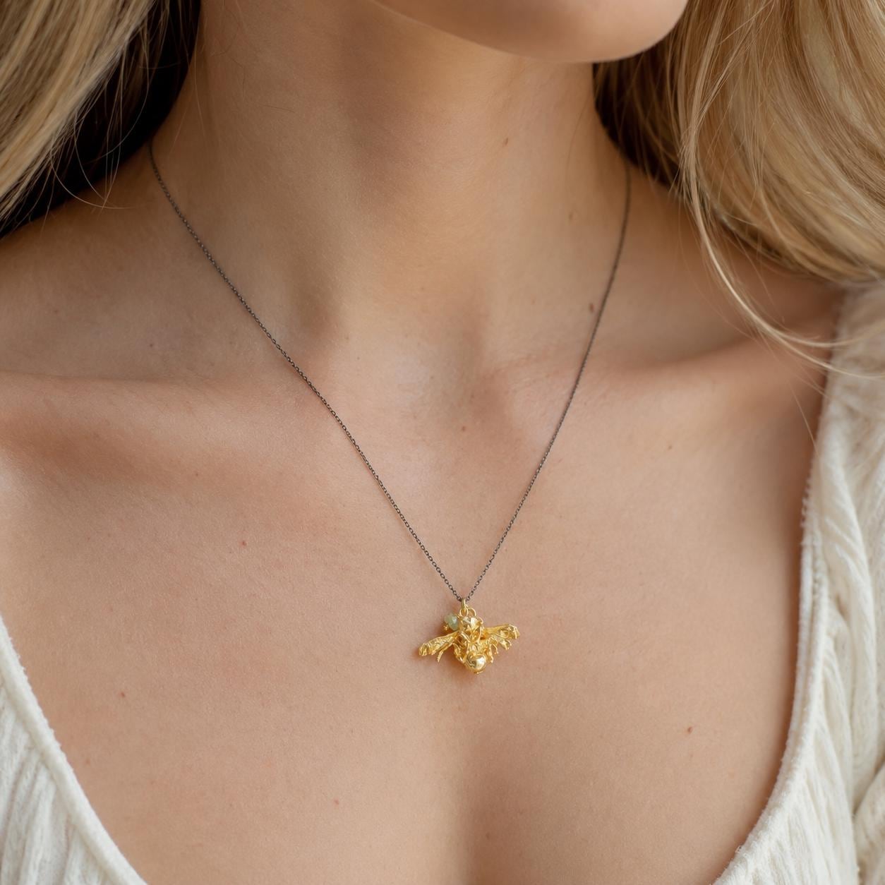 Real Bee Gold Necklace, Handmade Minimalist Jewelry, Organic Boho Pendant, Gift for Health & Prosperity, Gold or Sterling Silver 925