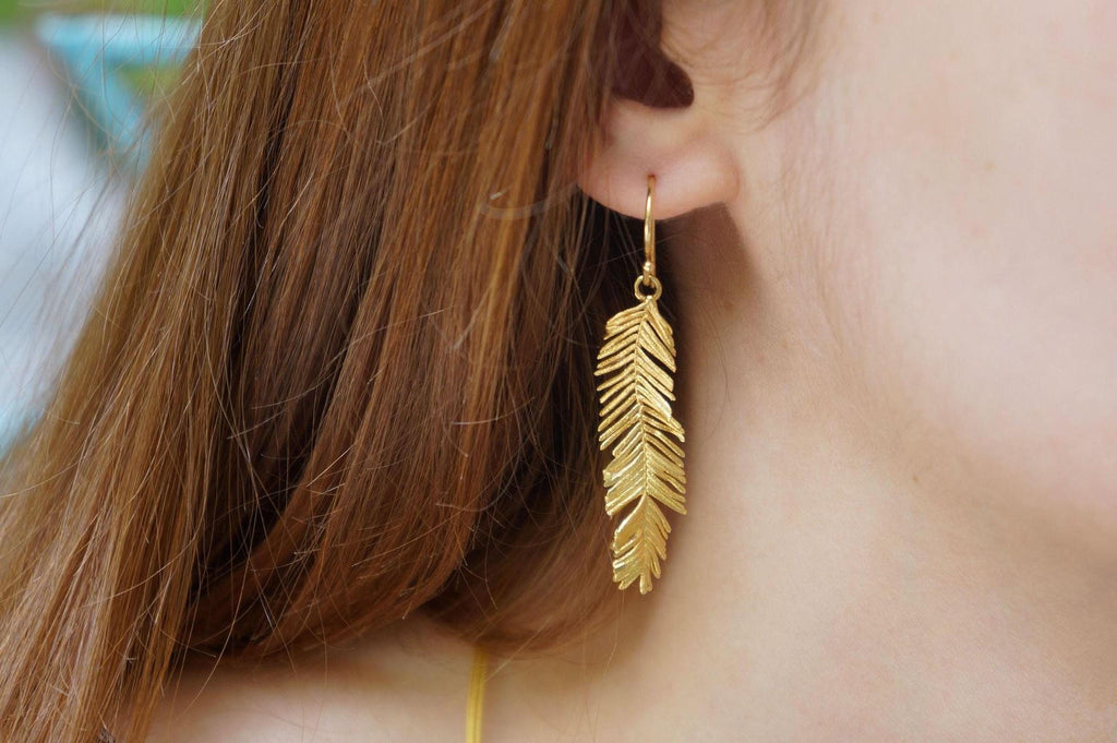 Solid Gold Acacia Leaf Earrings, Handmade Nature Jewelry, Organic Forest Dangles, Gift for Beauty & Health, Real Gold (9K, 14K, 18K)