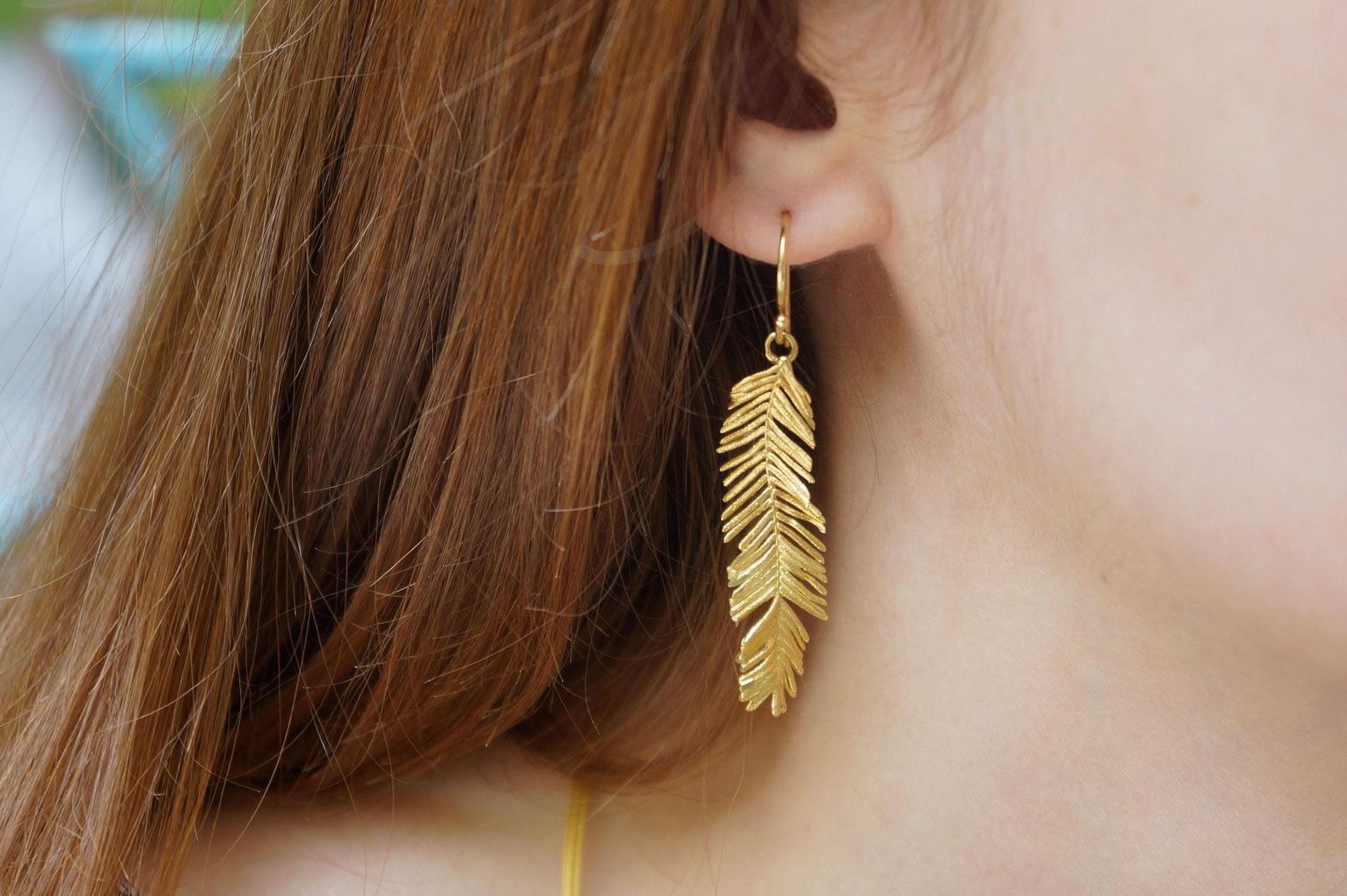 Solid Gold Acacia Leaf Earrings, Handmade Nature Jewelry, Organic Forest Dangles, Gift for Beauty & Health, Real Gold (9K, 14K, 18K)