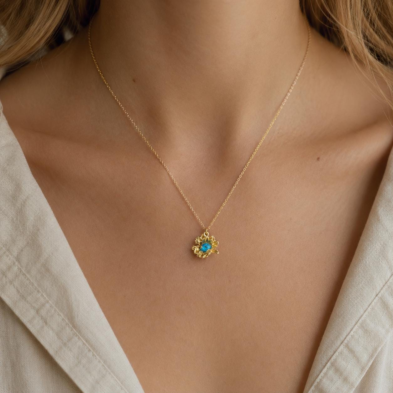 Real Daisy Flower Necklace, Handmade Nature Jewelry, Dainty Organic Pendant with Murano, Gift for Purity & Luck, Gold on Sterling Silver 925