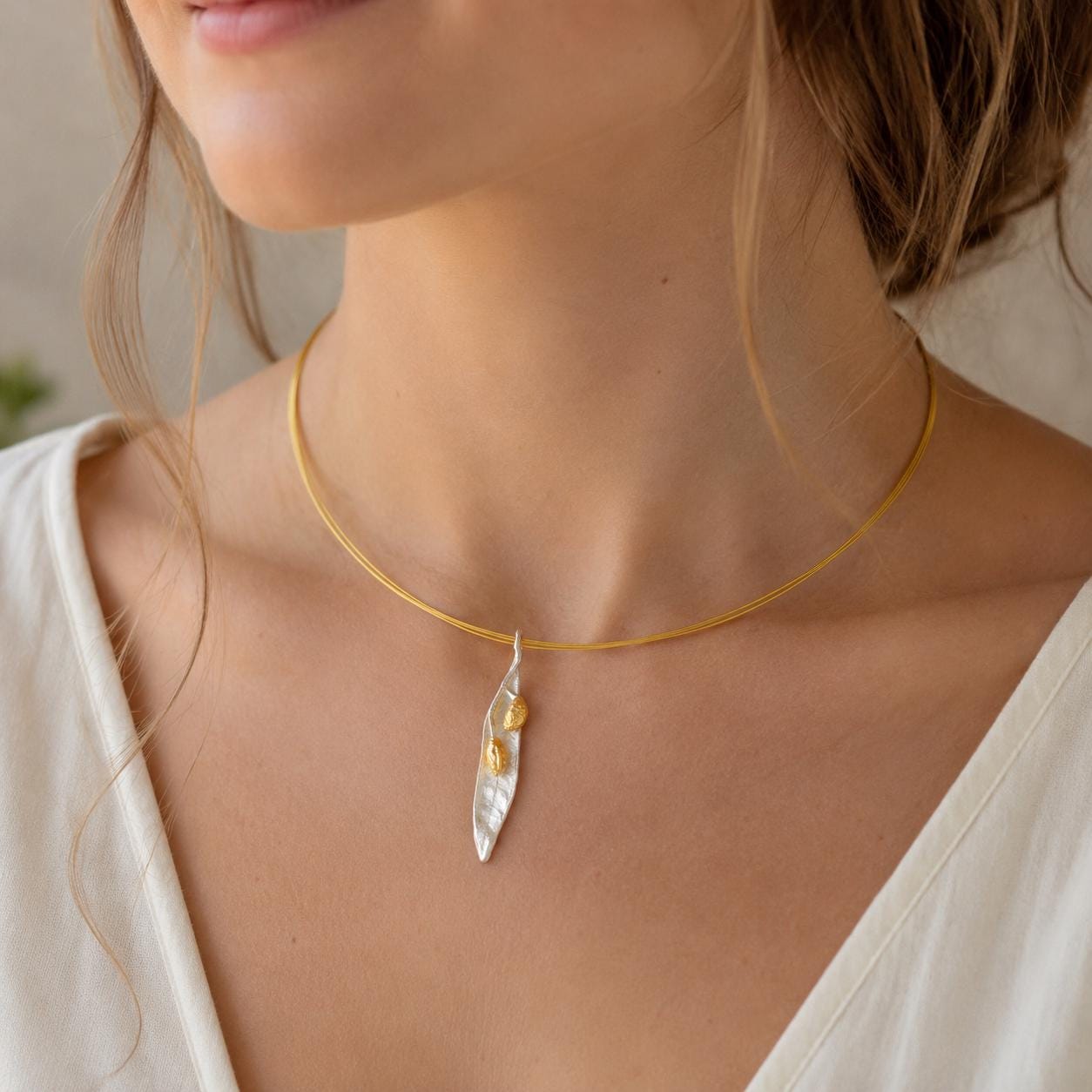 Real Olive Leaf Necklace, Handmade Minimalist Jewelry, Organic Tree Pendant Band, Gift for Health & Success, Gold and Sterling Silver 925