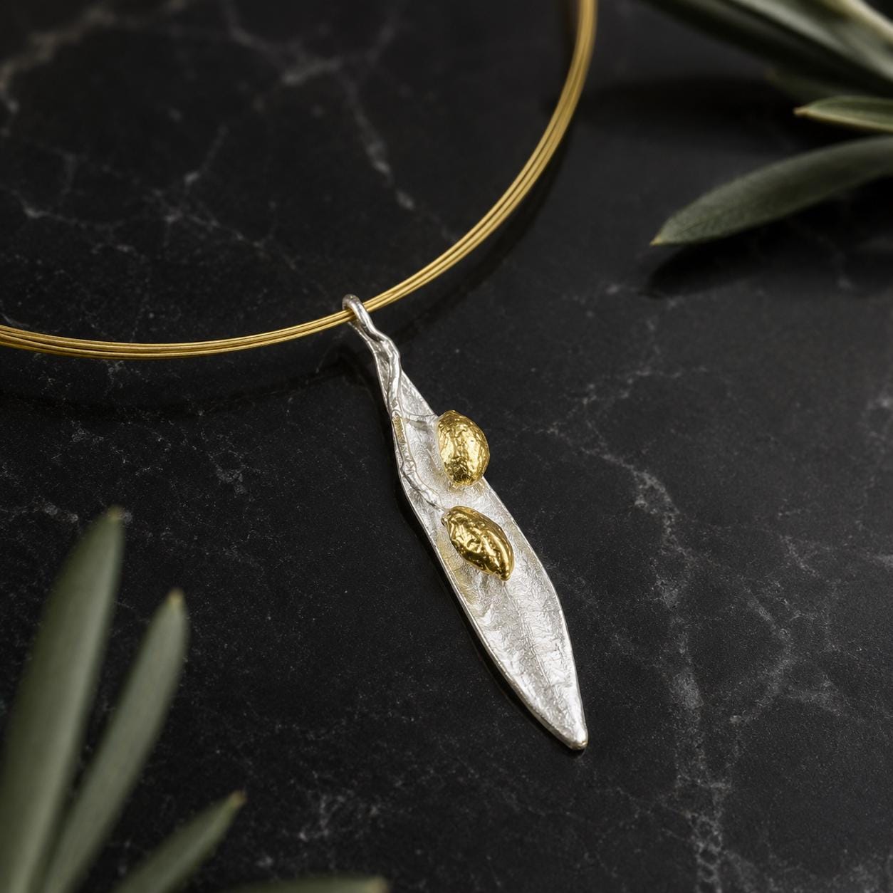 Real Olive Leaf Necklace, Handmade Minimalist Jewelry, Organic Tree Pendant Band, Gift for Health & Success, Gold and Sterling Silver 925