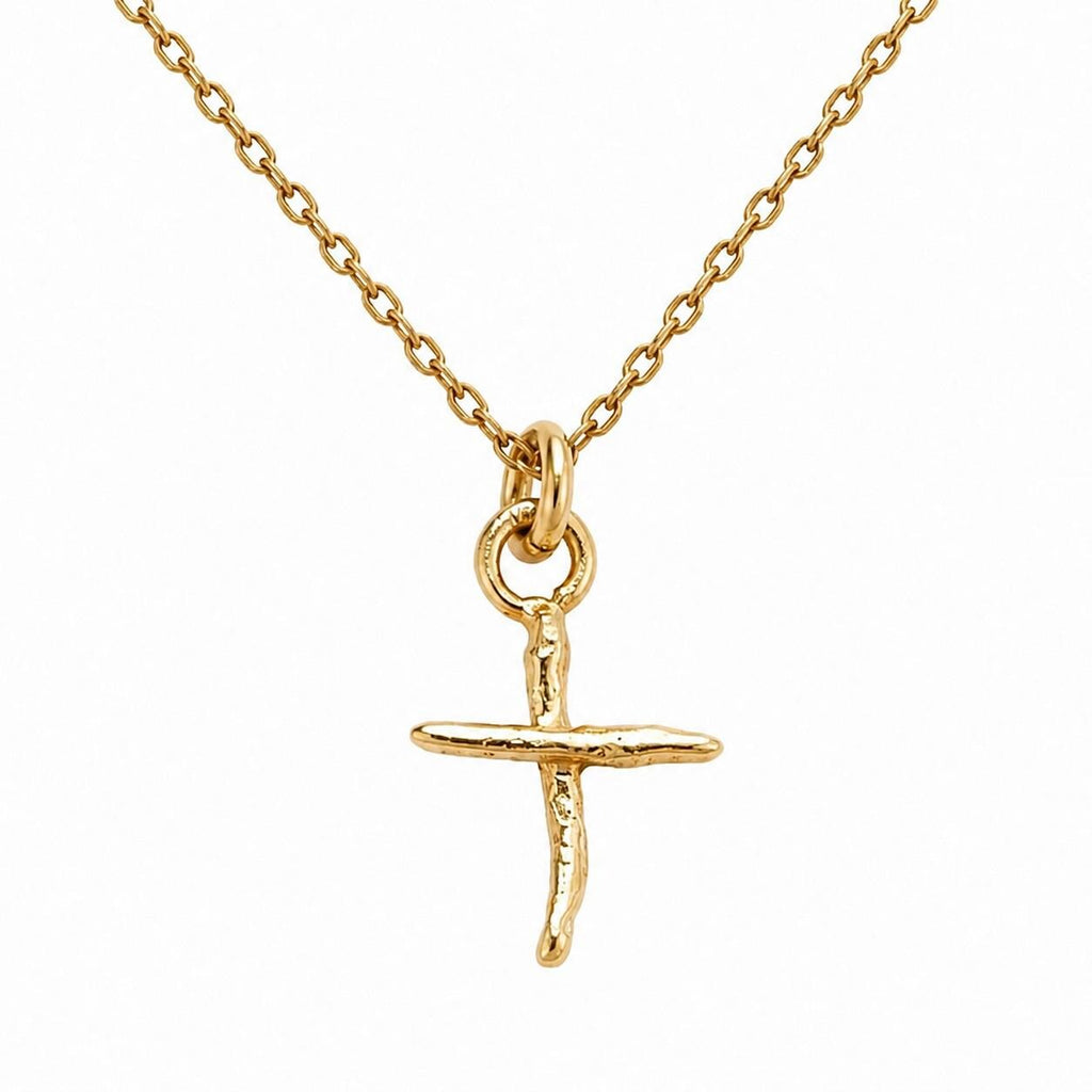 Gold Jasmine Cross Necklace, Handmade Nature Jewelry, Organic Branch Pendant, Gift for Spirituality & Faith, Sterling Silver 925