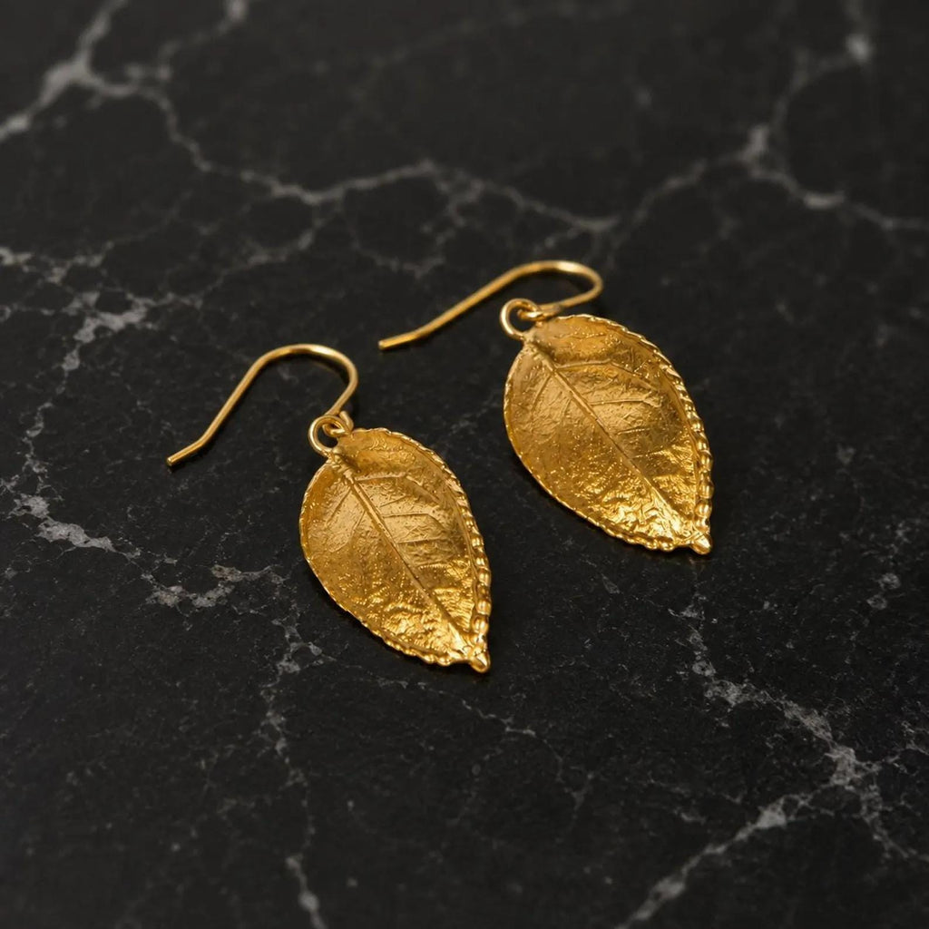 Real Solid Gold Rose Leaf Stud earrings, Handmade Minimalist Jewelry, Organic Forest Gift for Luck & Passion (9K, 14K, 18K- Options)