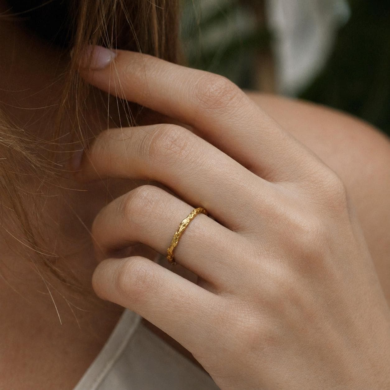 Dainty Juniper Gold Ring, Handmade Minimalist Jewelry, Organic Forest Band, Nature's Gift for Health & Resilience, Sterling Silver 925