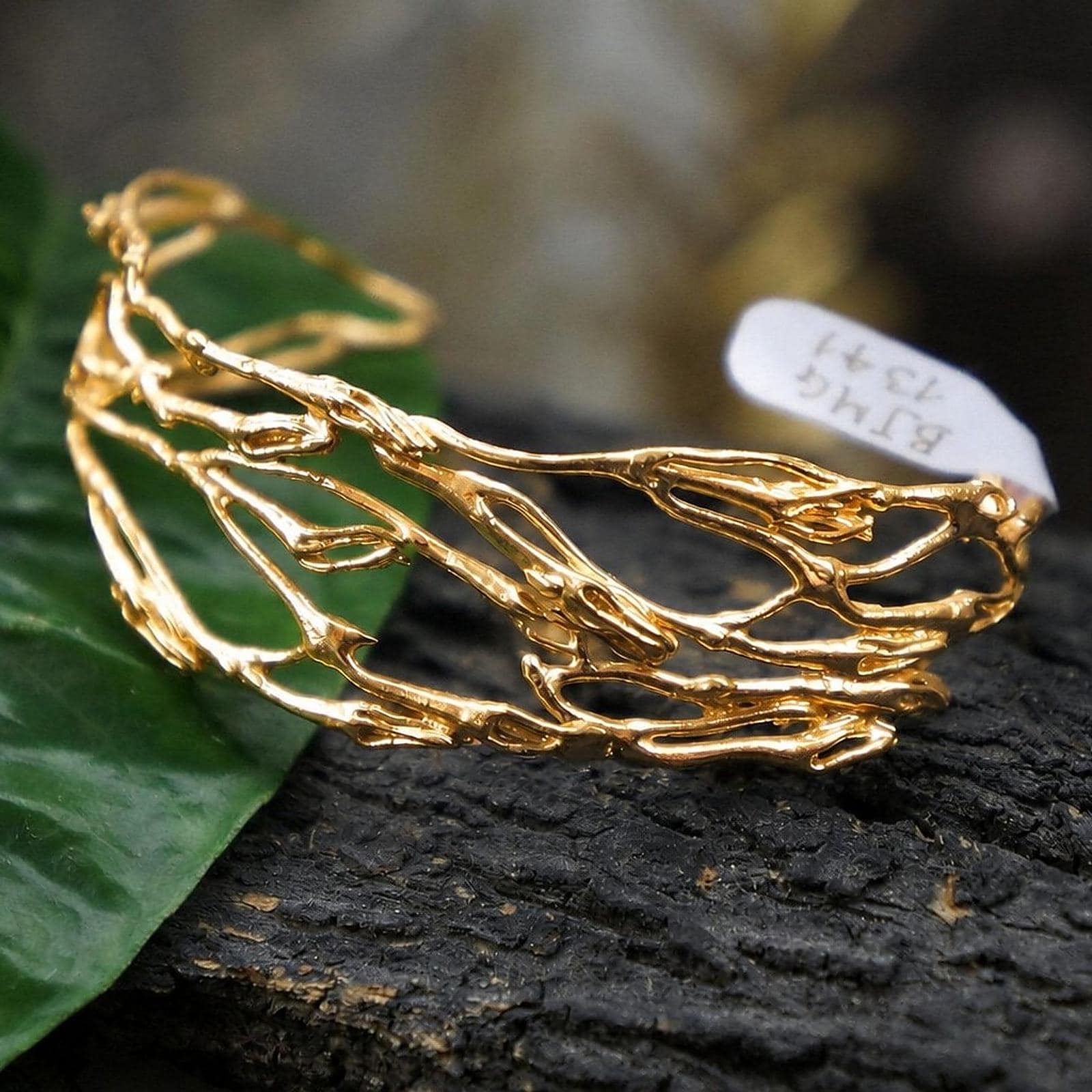 Gold Jasmine Branch Bracelet, Handmade 14K Gold Plated Sterling Silver 925 Cuff, Jewelry for Women, Nature-Inspired Birthday Gift