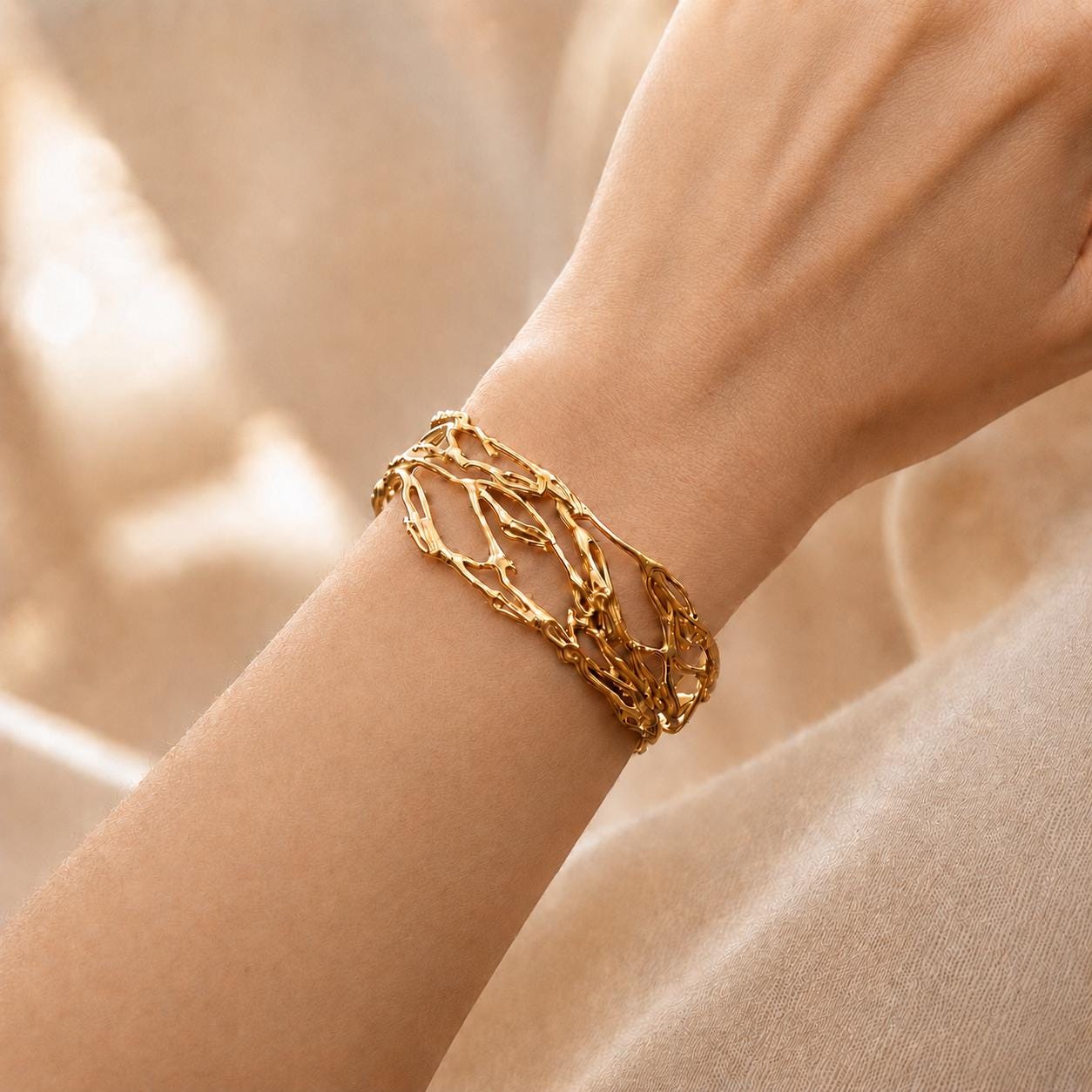 Gold Jasmine Branch Bracelet, Handmade 14K Gold Plated Sterling Silver 925 Cuff, Jewelry for Women, Nature-Inspired Birthday Gift