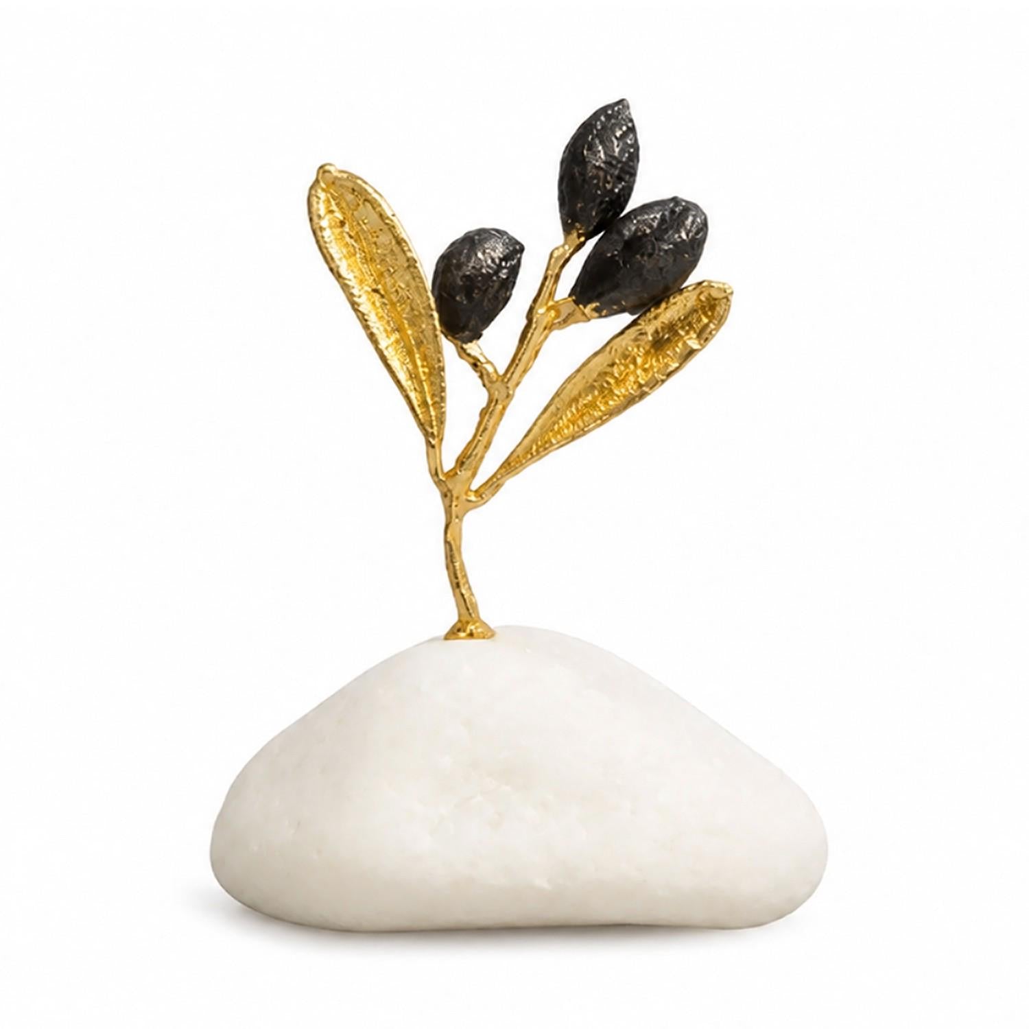 Decorative Olive Branch Gold Sculpture, Handmade Tree Statue for Home Decor, Unique Gift, Gold Plated Brass, Minimalist Design