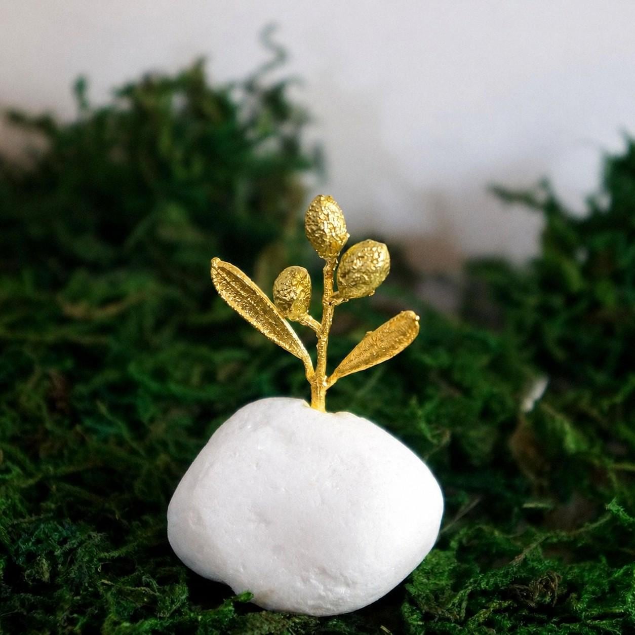 Decorative Olive Branch Gold Sculpture, Handmade Tree Statue for Home Decor, Unique Gift, Gold Plated Brass, Minimalist Design