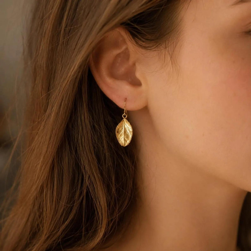Real Solid Gold Rose Leaf Stud earrings, Handmade Minimalist Jewelry, Organic Forest Gift for Luck & Passion (9K, 14K, 18K- Options)