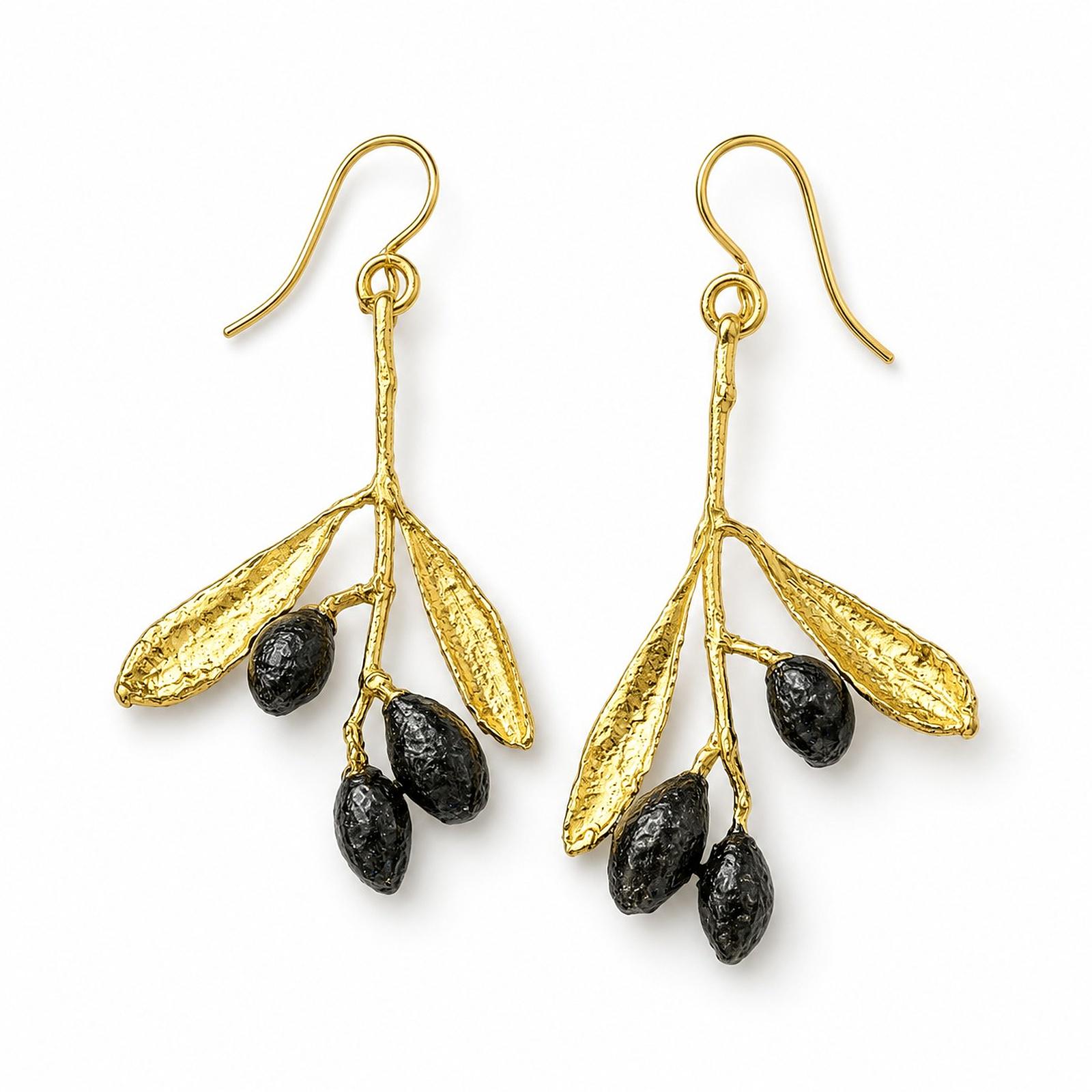 Real Olive Branch Gold Earrings, Handmade Nature Jewelry, Organic Tree Dangles, Eco Gift for Victory & Health, Sterling Silver 925