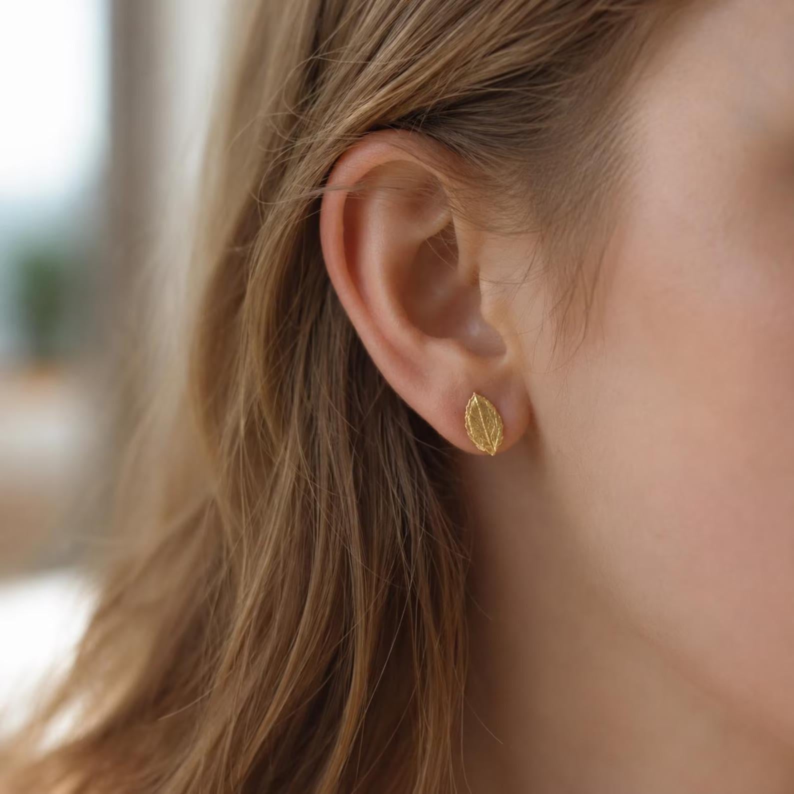 Real Rose leaf Gold Earrings, Handmade Minimalist Jewelry, Organic Nature Studs, Gift for Health & Passion, Gold or Sterling Silver 925