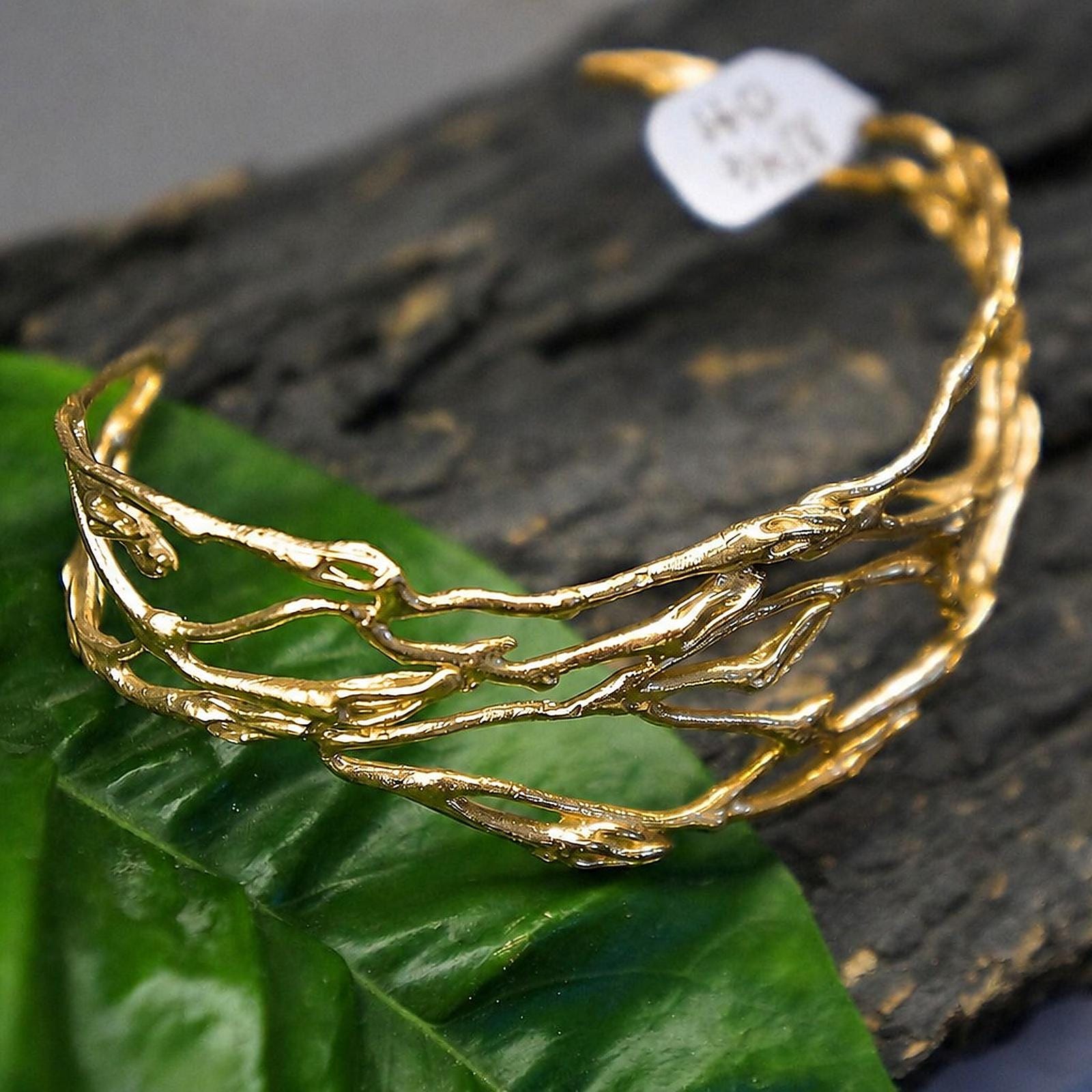 Gold Jasmine Branch Bracelet, Handmade 14K Gold Plated Sterling Silver 925 Cuff, Jewelry for Women, Nature-Inspired Birthday Gift